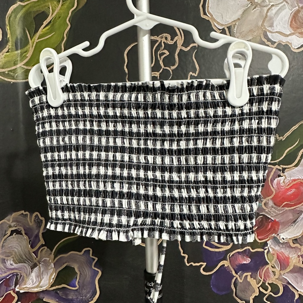 Smocked tube checkered boutique bikini top with open tie back, 32A-B